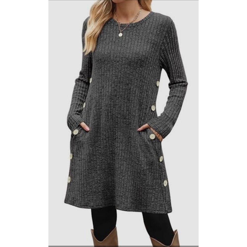 Fantaslook Gray Ribbed Sweater Dress Womens XL Button Accent Long Sleeve...